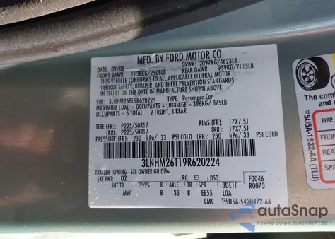 2009 Lincoln Mkz z USA, uszkodzony, nr VIN 3LNHM26T19R620224